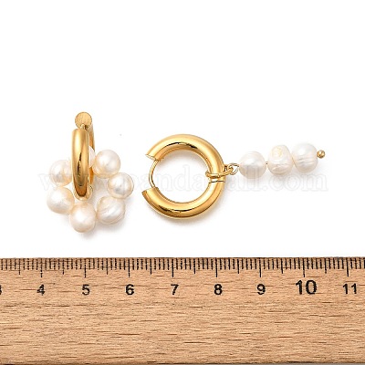 Асимметричные серьги-кольца из нержавеющей стали 304 и пресноводного жемчуга EJEW-S254-01G-1
