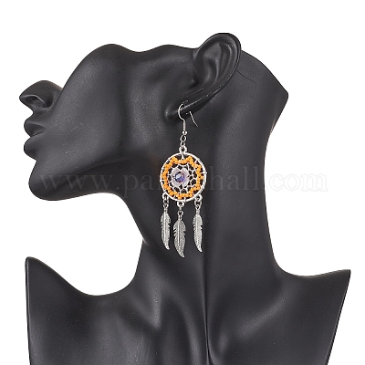 Плоские круглые с перьями стеклянные бусины ручной работы серьги-люстры EJEW-MZ00473-03-1