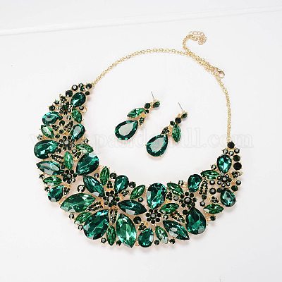 Комплекты из ожерелий с подвесками из сплава со стразами в форме цветка и капли и серег-гвоздиков FS-WG349E6-03-1