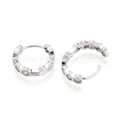 Серьги-кольца из латуни с микропаве из прозрачных кубических цирконий шестигранной формы EJEW-T048-47P-1