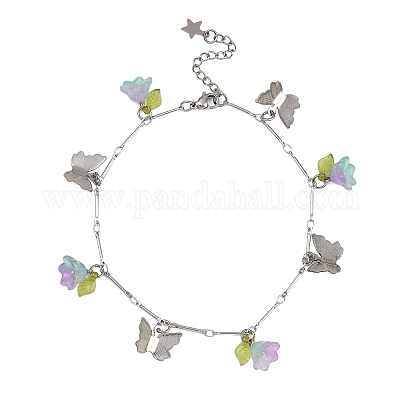 Браслеты на ногу из латунной цепочки с подвесками в виде бабочек и стеклянных цветов из нержавеющей стали 201 AJEW-AN00736-02-1