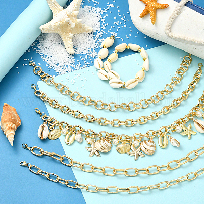 6 шт. 6 стиля ракушка каури на морскую тематику и цепочка с крышкой из алюминиевого и латунного сплава HJEW-SC0002-36-1