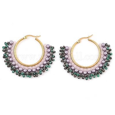 Серьги-кольца из нержавеющей стали 304 и бусин в стиле бохо для женщин EJEW-R001-01G-02-1