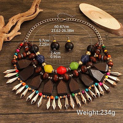 Многослойное ожерелье из дерева и пластика и круглые серьги-подвески из бисера FS-WGCB179-01-1