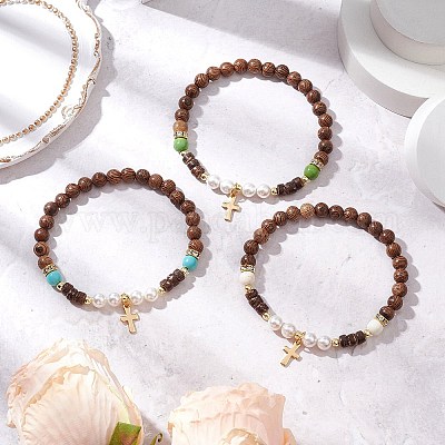 3шт 3 цвета браслеты с подвесками в виде креста из нержавеющей стали 304 BJEW-JB11561-1