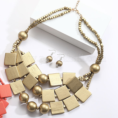 Комплекты из многослойных ожерелий и серег-подвесок из квадратных и круглых бусин из дерева в богемном стиле FS-WG2F343-06-1