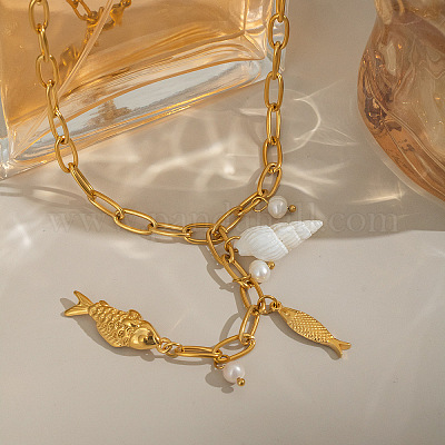 Модные ожерелья-цепочки с подвеской в виде рыбьей раковины и жемчуга из нержавеющей стали 304 в стиле отпуска для женщин YX3127-1