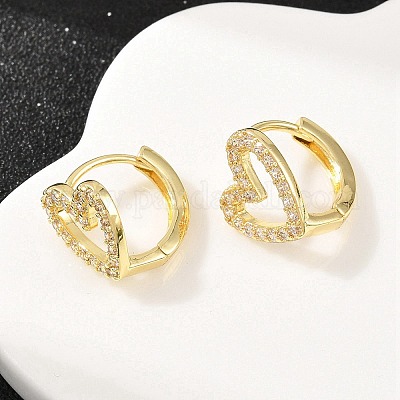 Серьги-кольца в форме полого сердца из латуни с микропаве из прозрачных кубических цирконий&nbsp;EJEW-D348-10G-1