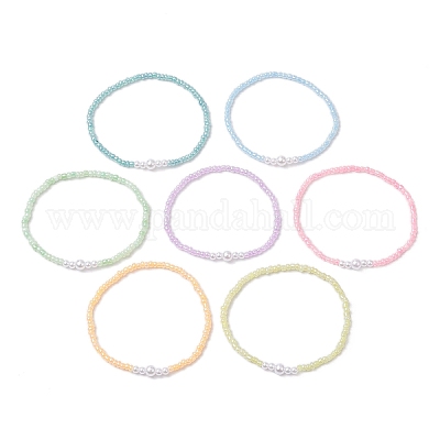 7шт 7 цвета круглые стеклянные бусины эластичные браслеты для женщин BJEW-JB11779-1