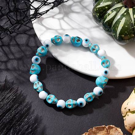 Браслеты из синтетического бирюзового черепа и лэмпворка с круглыми бусинами для женщин и мужчин в стиле Хэллоуина BJEW-JB12268-02-1