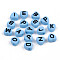 Opaque Acrylic Enamel Beads, Horizontal Hole, Heart with Mixed Black Letters, Light Sky Blue, 7x7x4mm, Hole: 1.5mm, about 3600pcs/500g