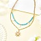 Natural Freshwater Shell & Alloy Glass Sun Pendant Synthetic Turquoise Round Beaded & 304 Stainless Steel Chain Double Layered Necklaces for Women, Golden, Seashell Color, Moon, 15.94 inch(40.5cm), Moon: 16x9mm