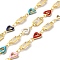 Handmade Enamel Heart Link Chains, Real 18K Gold Plated Brass Cubic Zirconia Rectangle Link Chains, Soldered, with Spool, Cadmium Free & Lead Free, Mixed Color, Rectangle: 12x6x2mm, Heart: 11x7x2mm