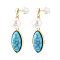 Brass Natural Pearl Dangle Stud Earrings, with 925 Sterling Silver Pins & Synthetic Turquoise, Oval, Real 18K Gold Plated, 29~30x8.5mm