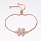 Adjustable Brass Micro Pave Cubic Zirconia Bolo Bracelets, Slider Bracelets, with Brass Box Chains, Snowflake, Rose Gold, 10-1/4 inch(260mm), 1.2mm