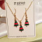 Christmas Tree Alloy Enamel Pendant Necklaces & Dangle Earrings Sets, Golden, Dark Green, 400mm