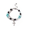 Natural & Synthetic Mixed Stone Beaded Bracelet with Cross Charm, 304 Stainless Steel Jewelry for Men Women, Turquoise(Dyed), 7-5/8 inch(19.4cm)
