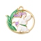 Alloy Enamel Pendants, Cadmium Free & Nickel Free & Lead Free, Rack Plating, Golden, Flat Round with Rabbit & Flower Charm, Lilac, 30x29x2.5mm, Hole: 2.4mm