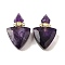Natural Amethyst Perfume Bottle Pendants, with 304 Stainless Steel Findings, Faceted, Triangle Charms, Golden, 39~40x25x11~12mm, Hole: 1.9mm
