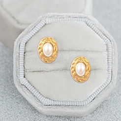 1 пара овальных сережек-гвоздиков из АБС-пластика с жемчугом&nbsp;EJEW-FI0002-21