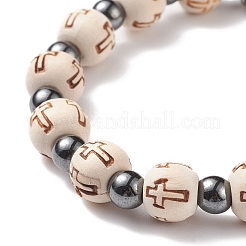 Эластичный браслет из бусин из дерева и синтетического гематита с подвесками в виде ангелов из сплава BJEW-JB08489