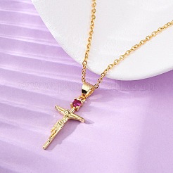 Религия латунный паве темно-розовый кубический цирконий крест кулон ожерелья Иисус NJEW-L184-01G