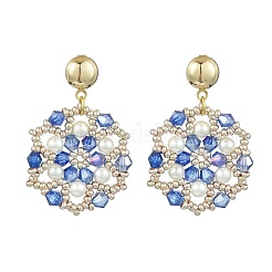 Цветочные серьги-гвоздики ручной работы из стеклянных бусин и ракушечного жемчуга&nbsp;EJEW-MZ00361-03