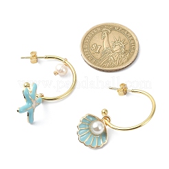 Асимметричные серьги в форме морской звезды и ракушки с эмалью и натуральным жемчугом EJEW-JE05555