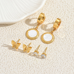 3 пара серег из нержавеющей стали с плоскими круглыми оправами и бабочками IX5704