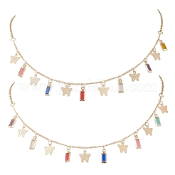 Женские нагрудные ожерелья с бабочками из латуни и стеклянными прямоугольниками и кисточками&nbsp;NJEW-JN05799