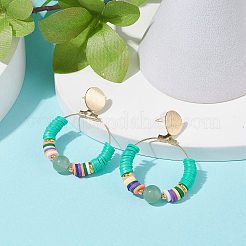 Серьги-гвоздики с большим кольцом из натурального зеленого авантюрина и полимерной глины&nbsp;EJEW-TA00075-05