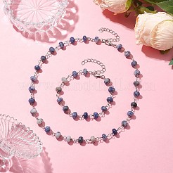 Наборы браслетов и ожерелий rondelle с натуральными звеньями из яшмы в голубые пятна SJEW-JS01295-03