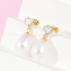 Серьги-гвоздики в форме капли с плоскими круглыми подвесками из нержавеющей стали 304 с прозрачным кубическим цирконием EJEW-F366-01G-02