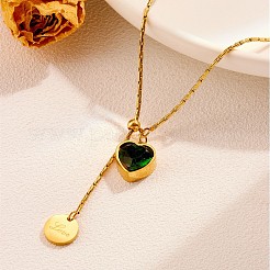 Ожерелья-лариаты из нержавеющей стали 304 с изумрудными стразами в форме сердца для женщин FS-WGF69E1-01