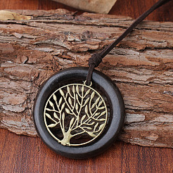 Сплав дерево жизни деревянное кольцо кулон искусственная кожа шнур длинные ожерелья для женщин мужчин FS-WGD2271-01
