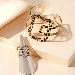 Прямоугольные браслеты-манжеты из сплава с леопардовым принтом и наборы колец-манжет WGBC924-01