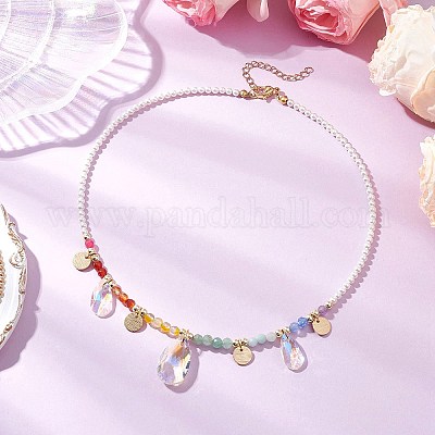 Ожерелья с подвесками в виде стеклянных капель и латунных дисков NJEW-JN05191-1