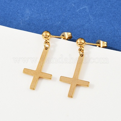 Перевернутый крест 201 серьги-гвоздики из нержавеющей стали EJEW-P314-01A-G-1