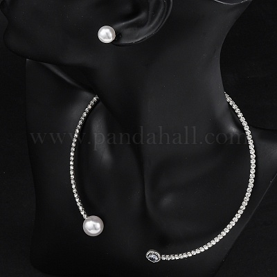 Круглые пластиковые серьги-гвоздики с имитацией жемчуга и комплекты колье-чокеров с кубическим цирконием и стразами SJEW-U003-03P-1