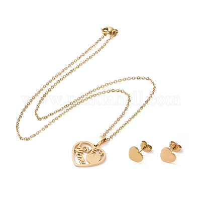 Комплект из серег-гвоздиков и ожерелья с подвеской в виде сердца из нержавеющей стали 304 с надписью «люблю тебя AJEW-B019-07-1