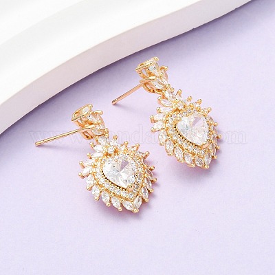 Серьги-гвоздики в форме сердца из латуни с микропаве из прозрачных кубических цирконий EJEW-D346-08G-1