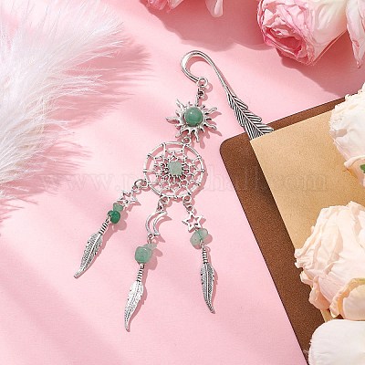 Сплав солнца и плетеная сетка/паутина с подвесками-перьями закладки AJEW-JK00368-1