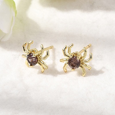 Серьги-гвоздики из латуни с микропаве из кубических цирконий в форме паука EJEW-L306-04G-02-1