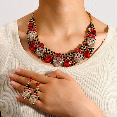 Комплект из рождественского ожерелья с подвеской в виде Санта-Клауса и каплевидного сплава со стразами и серег-гвоздиков FS-WG4FF2A-01-1