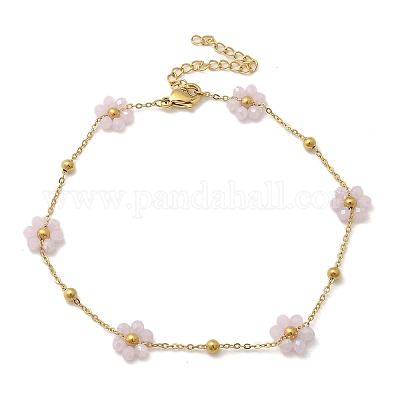 Браслеты на ногу из нержавеющей стали 304 и синтетического камня с цепочкой в виде цветка маргаритки для женщин&nbsp;LS-AJEW-B031-01G-02-1