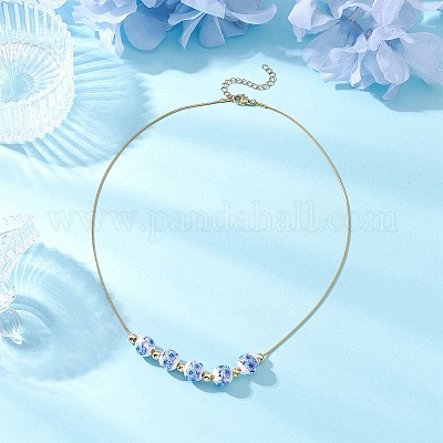 Ожерелья-змейки из фарфора с круглыми бусинами ручной работы из нержавеющей стали 304 с цветочным принтом NJEW-JN05361-1