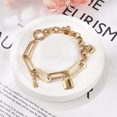 Браслеты с подвесками в виде скрепок и цепочек Rolo из нержавеющей стали 304 для женщин BJEW-C089-03G-1