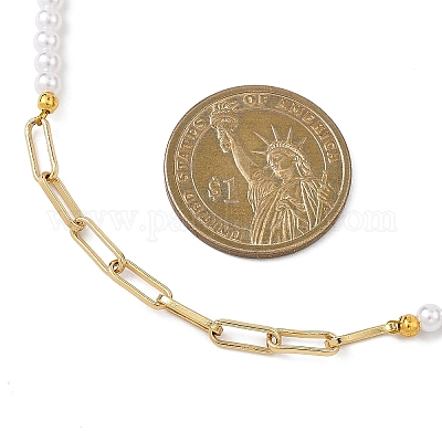 Ожерелья из круглой белой искусственной жемчужины 4 мм из АБС-пластика и нержавеющей стали 304 с канцелярскими скрепками NJEW-JN05676-1