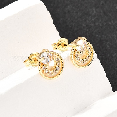 Плоские круглые серьги-гвоздики из латуни с микропаве и цирконием EJEW-A135-05G-1