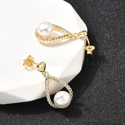 Серьги-гвоздики в форме капли с круглыми латунными микропаве из прозрачных кубических цирконий EJEW-A135-19G-1